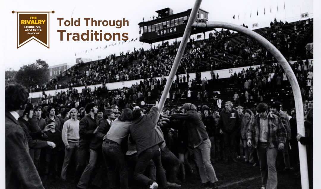 Black and white photo of people tearing down a goalpost