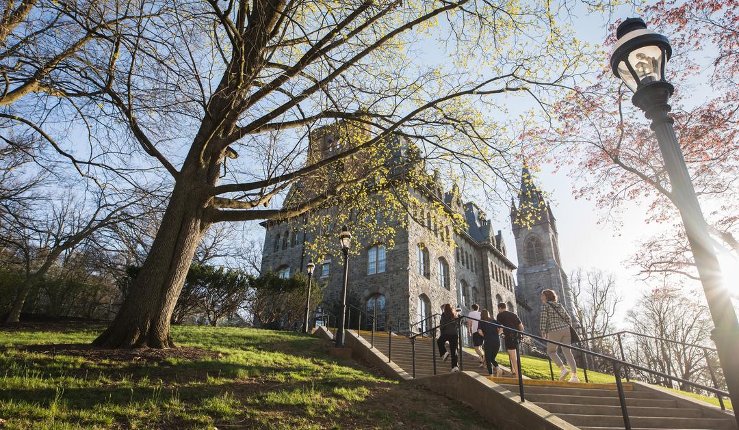 Students walking up a staircase toward Lehigh University's Clayton University Center