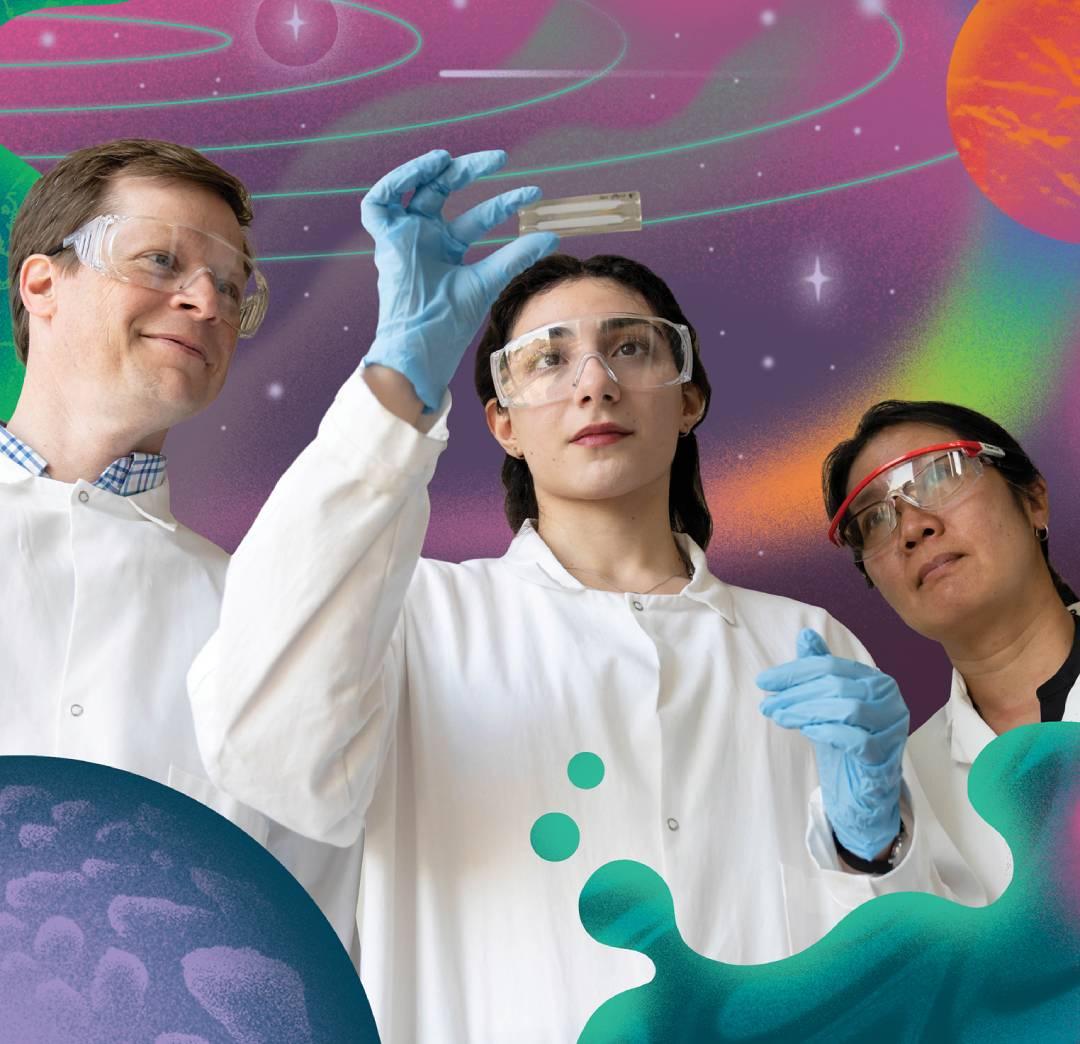 Three sceintists looking at a sample held up to the light