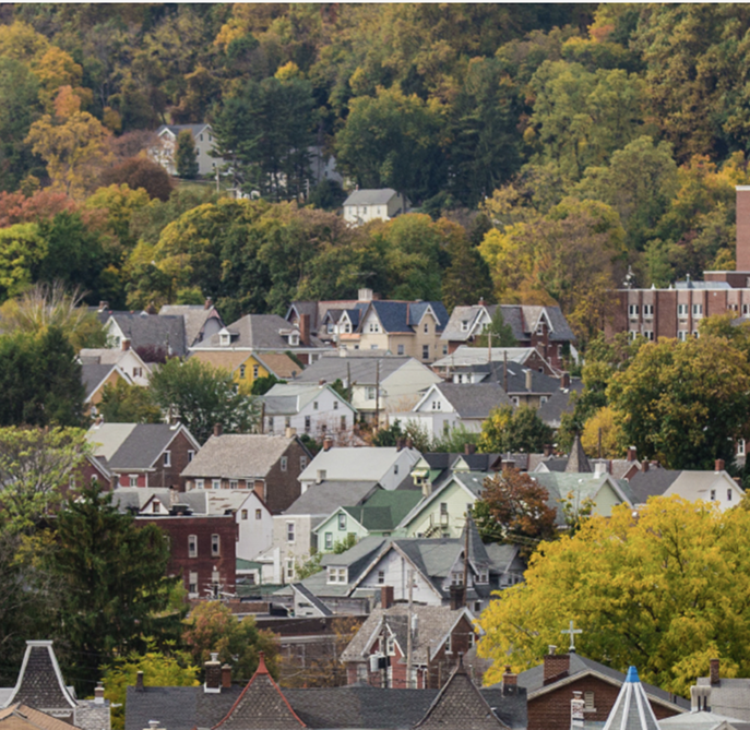 A neighborhood of closely packed houses surrounded by trees with autumn foliage, set against a forested hillside. The scene depicts a peaceful residential area with a mix of colors and rooftops.