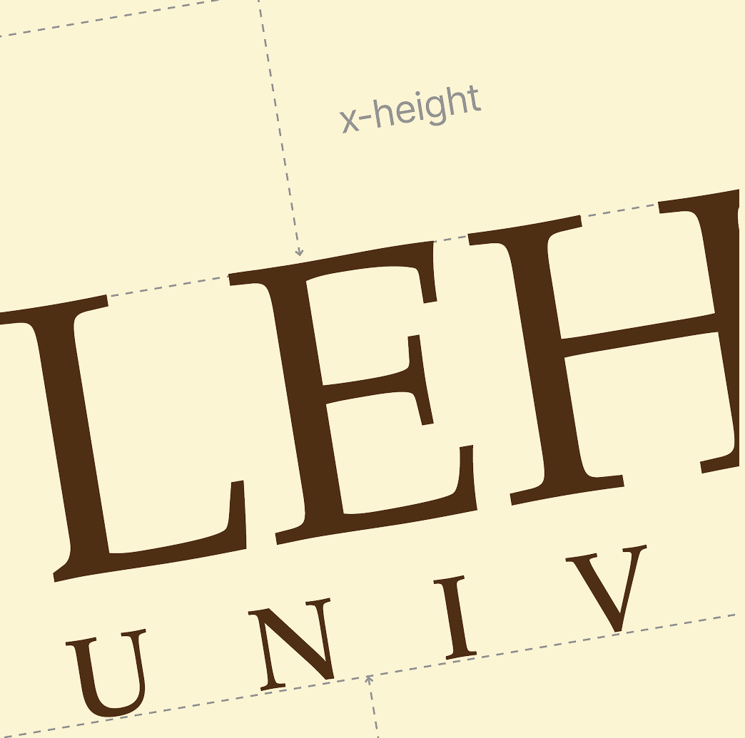 Lehigh University logo, tilted, with a dashed line indicating x-height