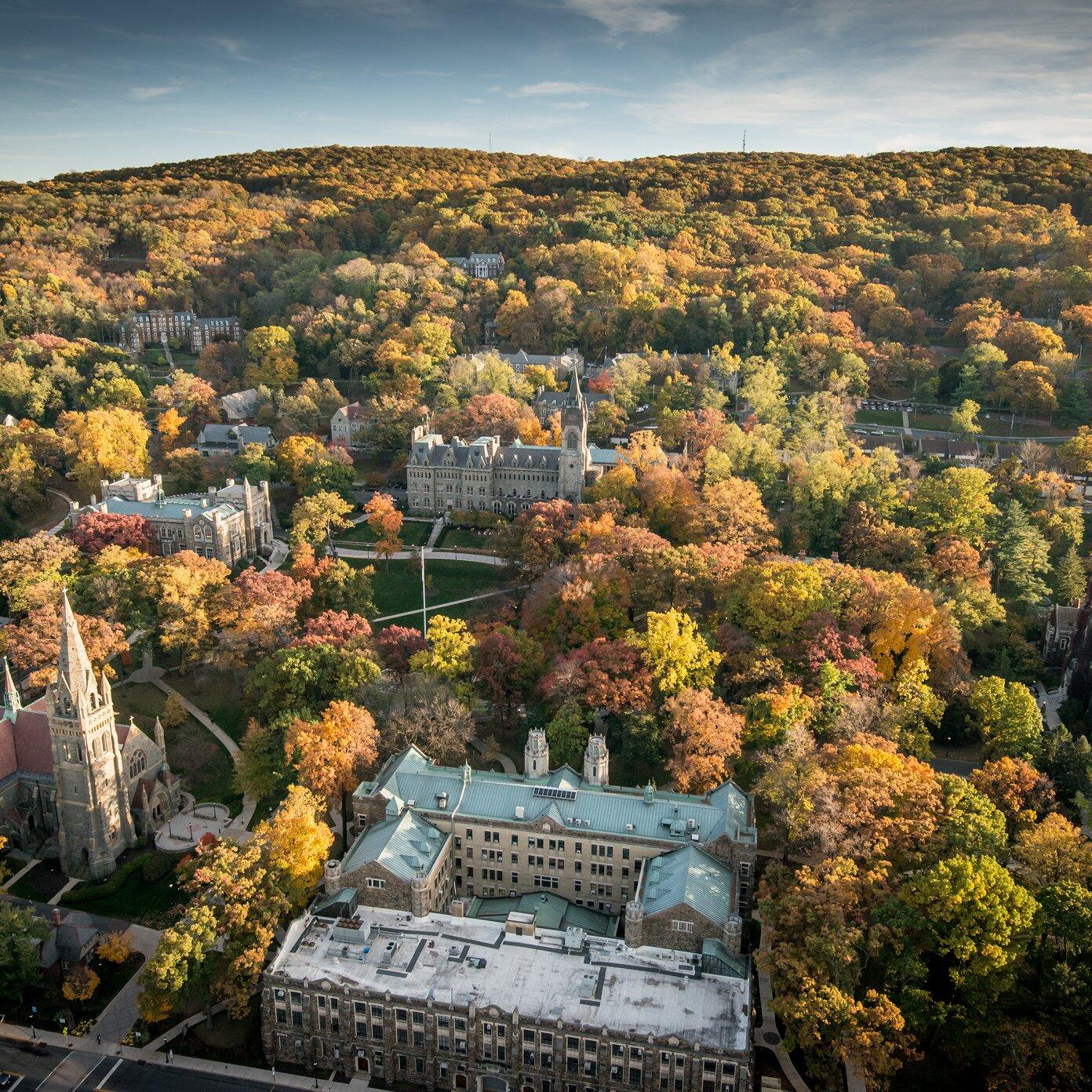 Aerial view of the Asa Packer campus in the fall