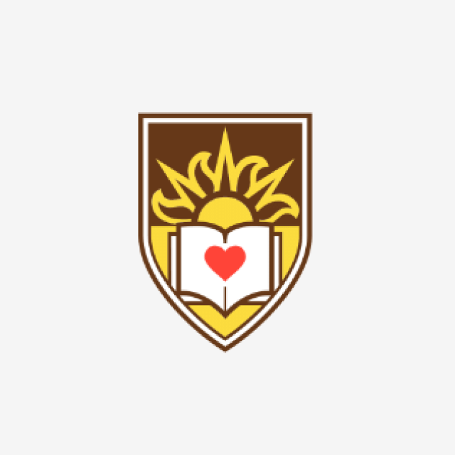 Logo of an open book with a heart and a sunburst on a shield.