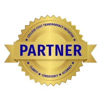 A gold-colored badge with a ribbon. The word "PARTNER" is prominently displayed in blue text across the badge. Surrounding the word "PARTNER" are the phrases "College Cost Transparency Initiative", "Clarity", "Consistency", and "Accuracy".