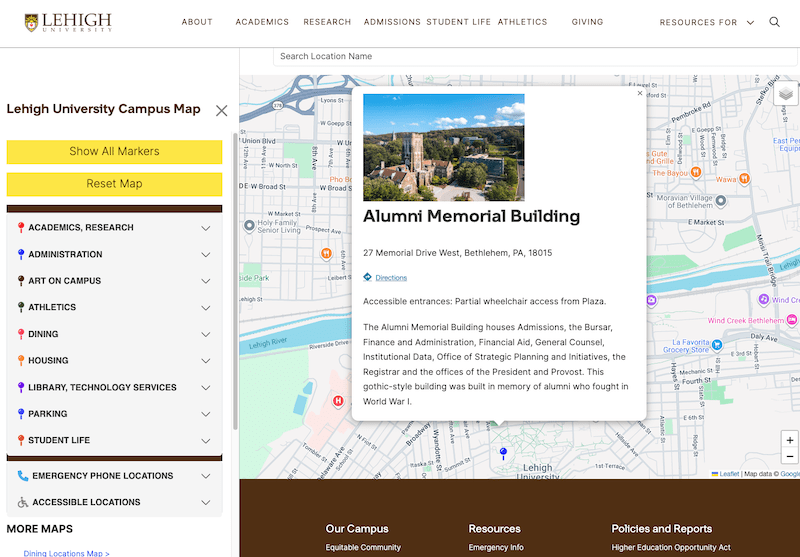 Screenshot of Lehigh's interactive campus map