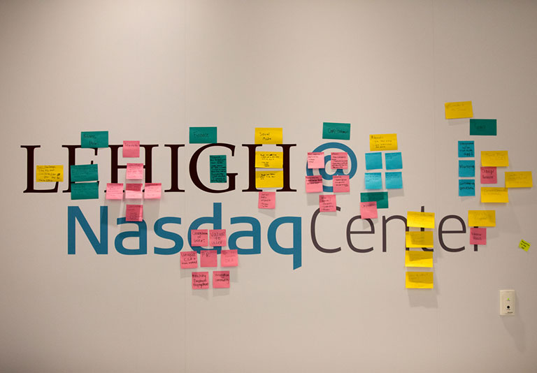 Lehigh @ NasdaqCenter sign with post-its all over it