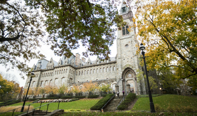 Lehigh University's University Center surrounded by autumn foliage