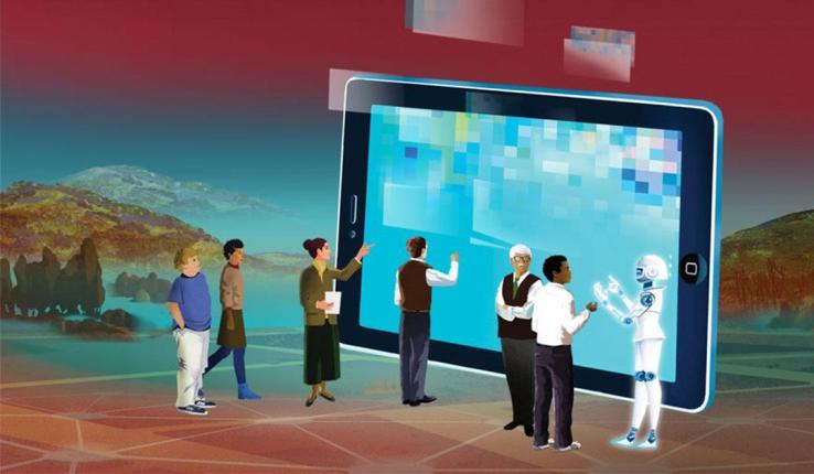 Illustration of people looking at a giant tablet