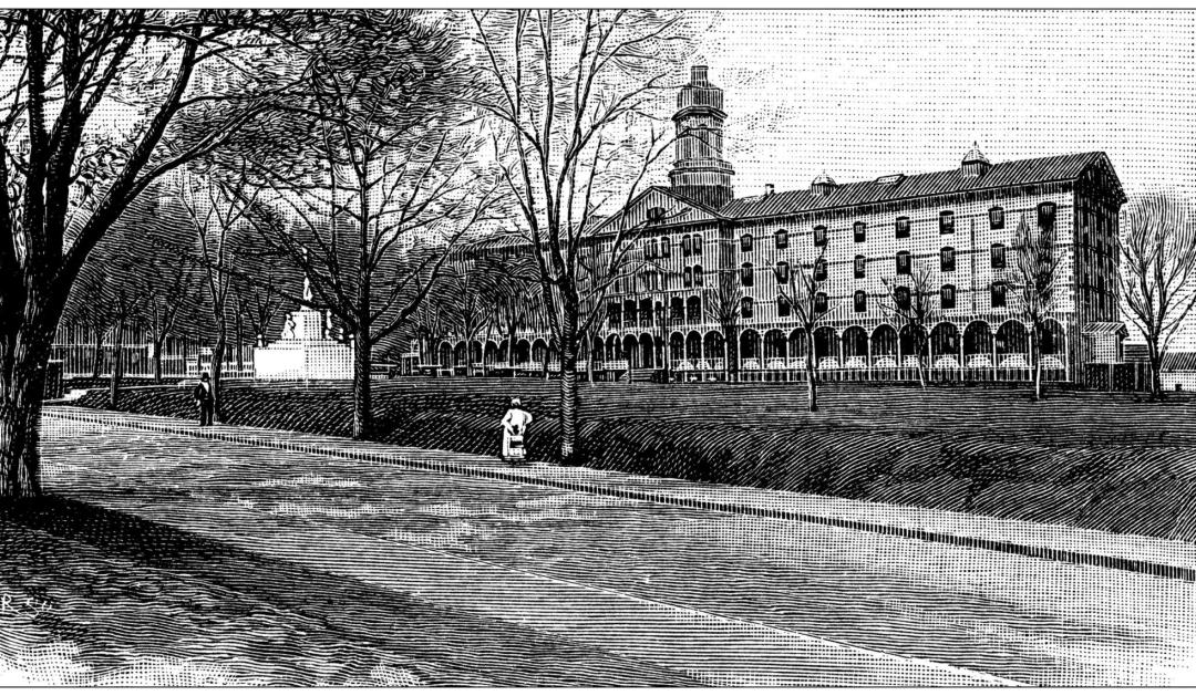 Black and white illustration of a building