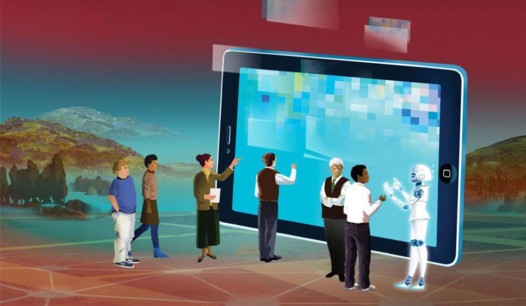 An illustration of a group of diverse people and a robot interacting with a giant smartphone displaying digital data and maps, set against a blended background of nature and abstract digital elements.