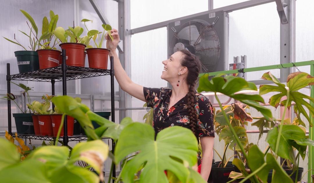 Smiling woman inspects a plant leaf in a greenhouse.