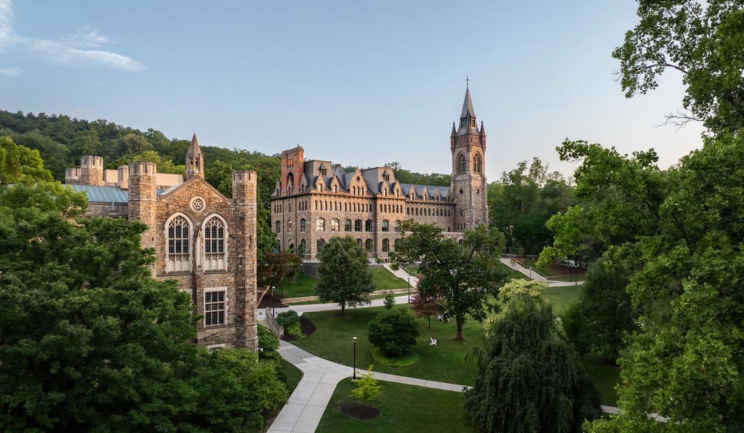 Linderman Library in the forground and the Clayton University Center in the background of an aerial image