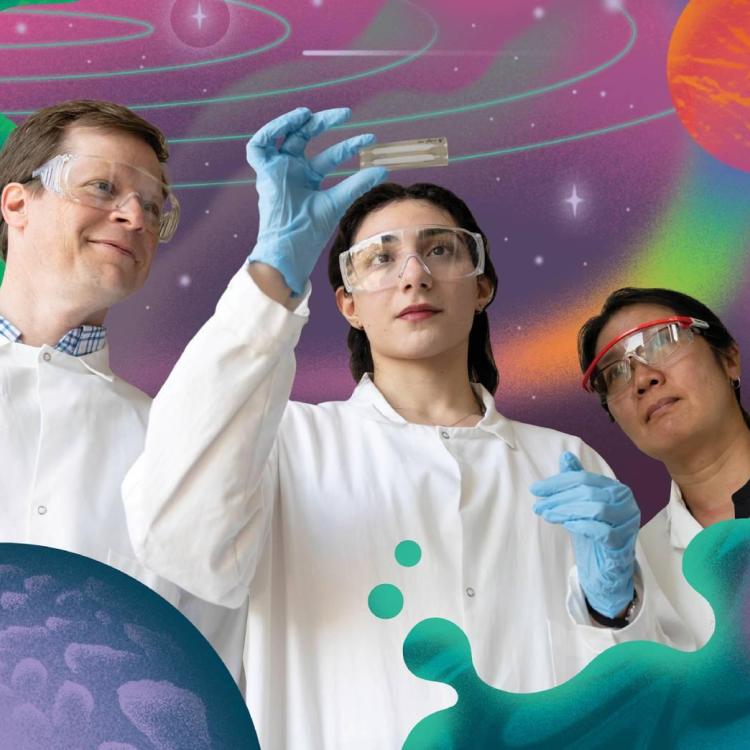 Three sceintists looking at a sample held up to the light