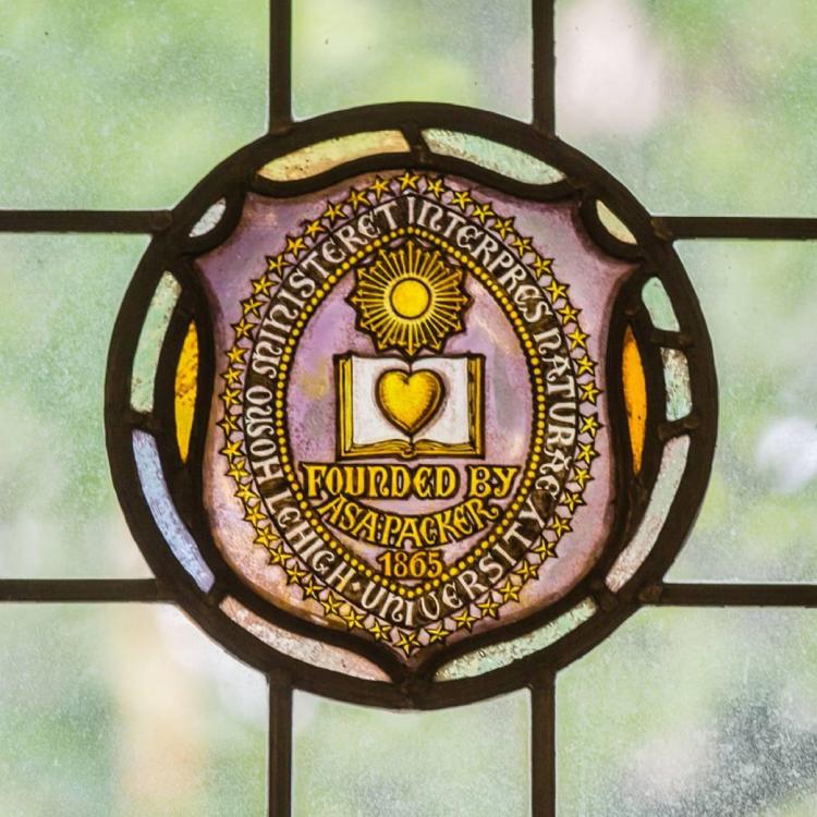Stained glass window of the Lehigh shield emblem