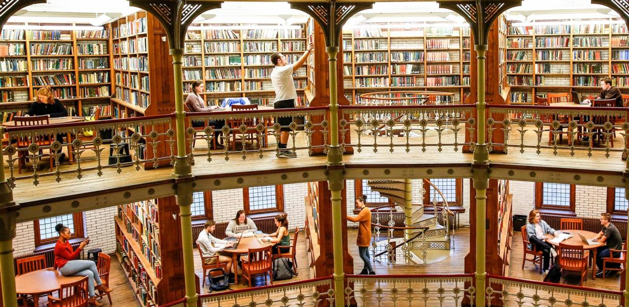 Wide shot of students in a library