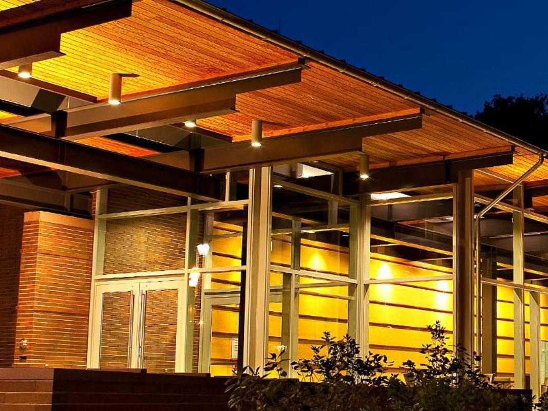Night exterior of a building on the Lehigh campus