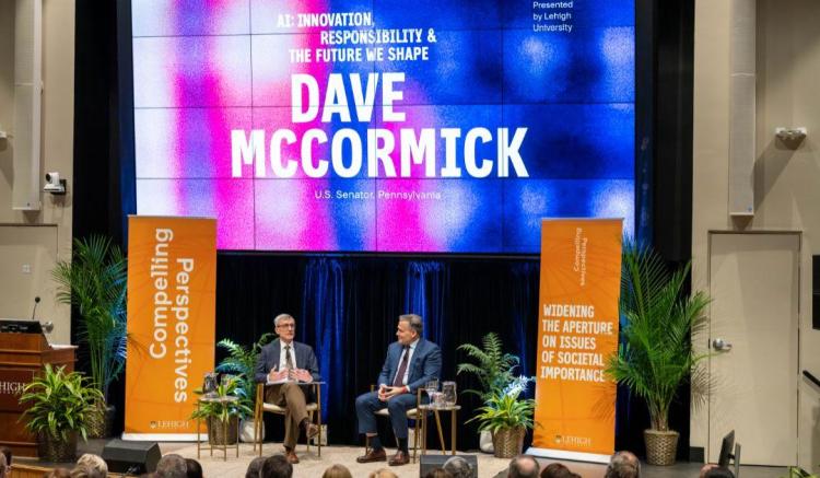 President Joseph J. Helble '82 and Senator Dave McCormick on stage at Compelling Perspectives.