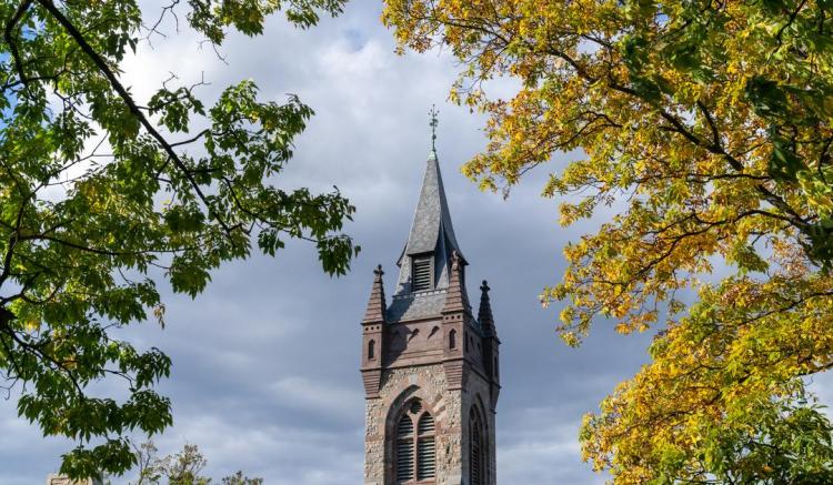 Photograph of a stone steeple framed by yellow and green leaves.