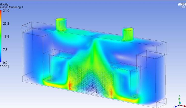 ANSYS CFD simulation showing 3D velocity distribution within a rectangular chamber.