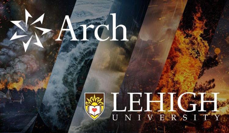 Arch and Lehigh University logos over a background of fire, ice and smoke.