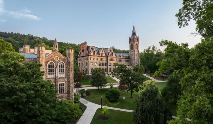 Linderman Library in the forground and the Clayton University Center in the background of an aerial image