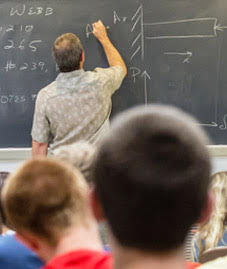 Faculty member writing on chalkboard